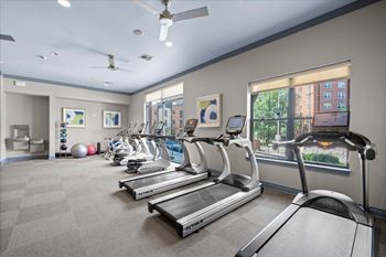 A gym with treadmills and exercise equipment.